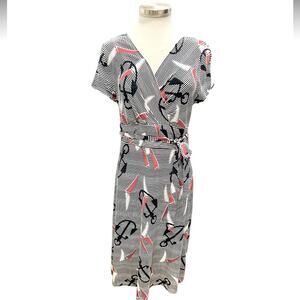 Talbots Dress Womens Faux Wrap Nautical V-neck Short Sleeve Size Small